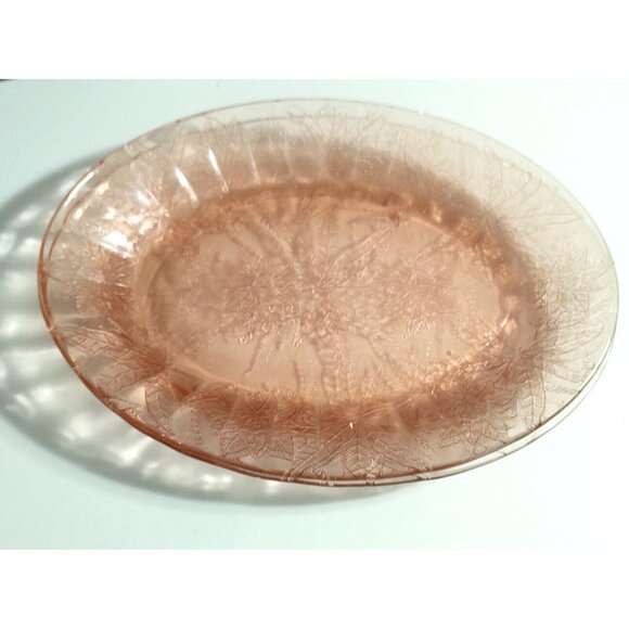 Vintage Jeannette Floral Poinsettia Pink Depression Glass Oval Platters set of 2 - Picture 1 of 11